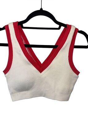 aerie White Ribbed V-Neck Bralette with Red Trim